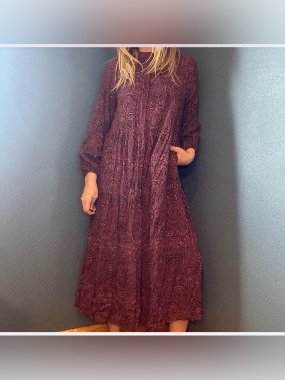 A New Day Burgundy Paisley Long Sleeve Midi Dress, Sz large